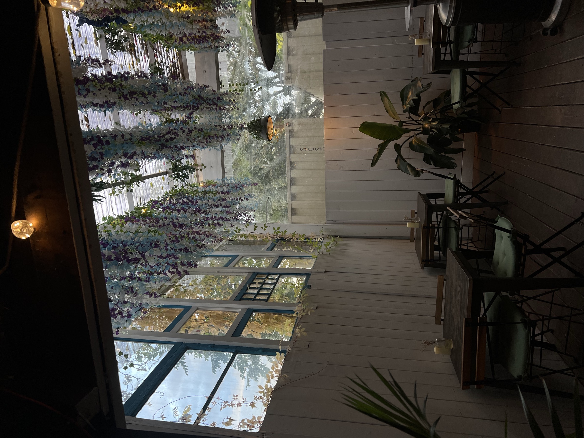 Aura's heated back patio with wisteria overhead
