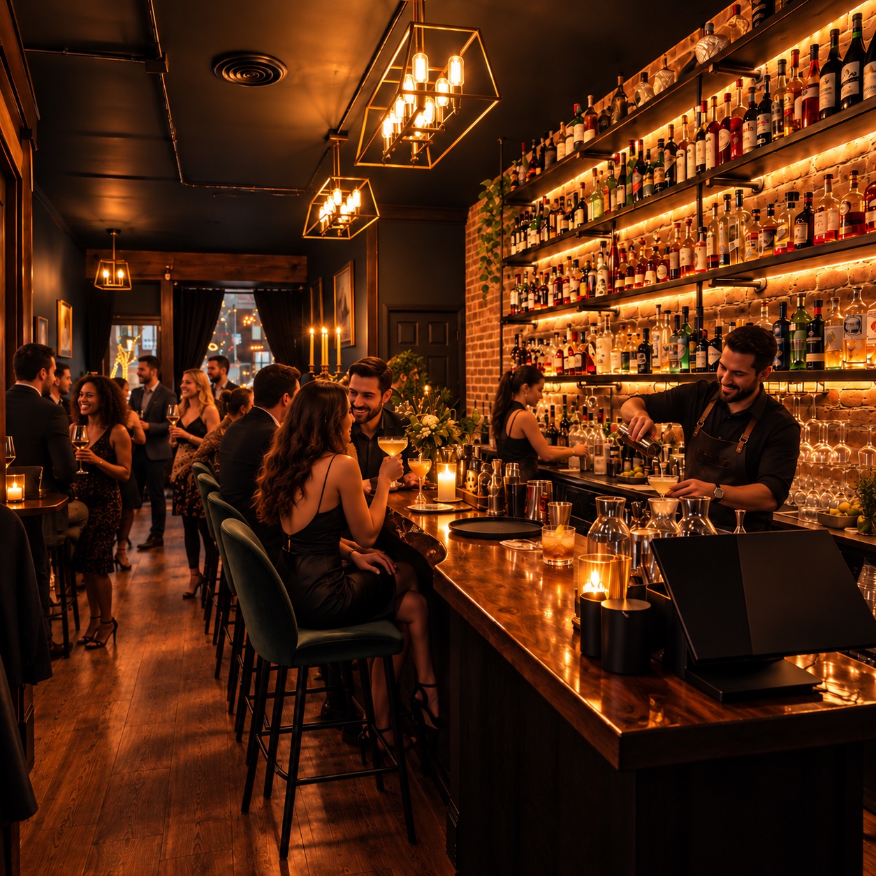 Guests and bartenders in a warmly lit cocktail bar
